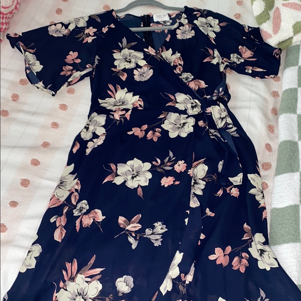 White and Pink Ruffled Wrap Midi Dress for Wedding Guest